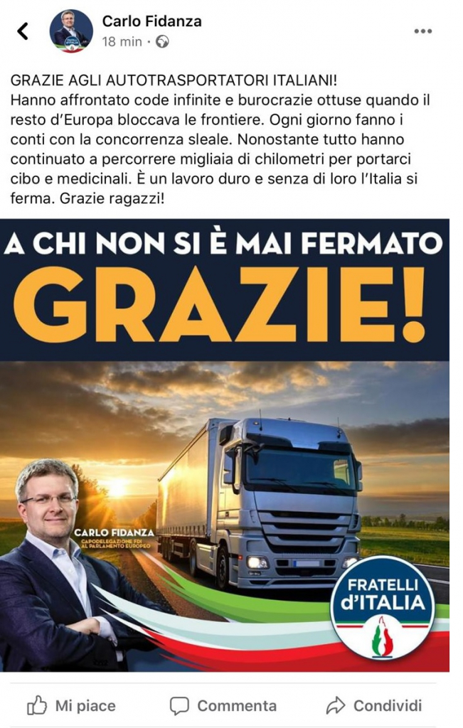 I MESSAGGI DALLA POLITICA a sostegno dell'autotrasporto